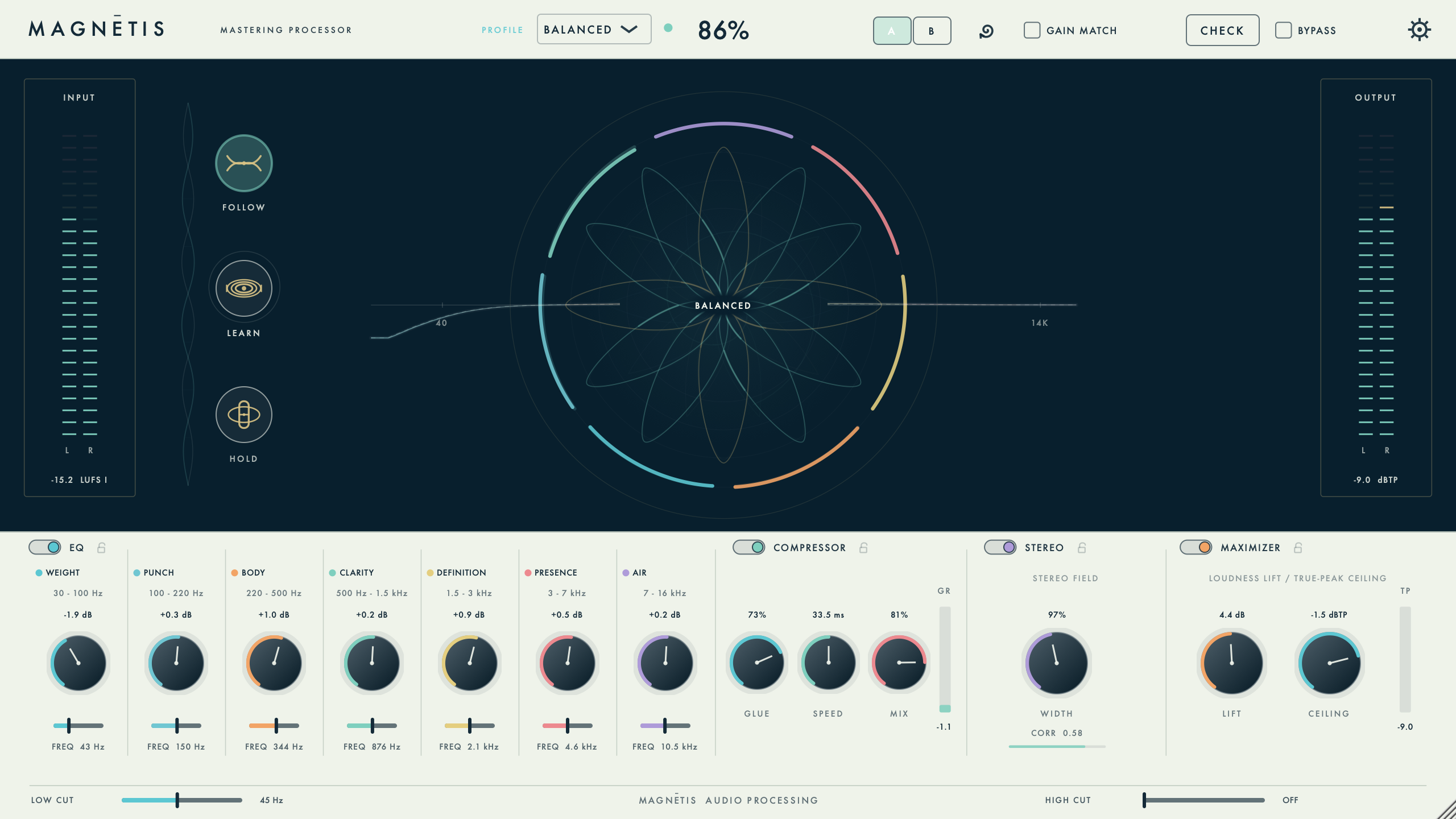 Magnetis Mastering Processor 1.2.8 in Follow mode with Compressor, Stereo, and Maximizer active